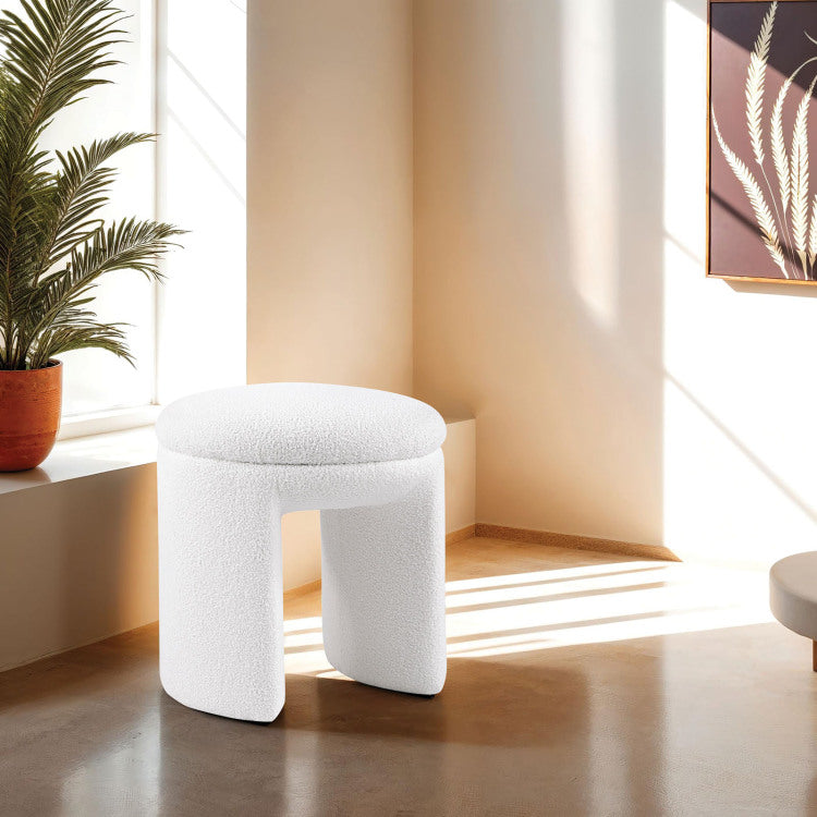 Contemporary Style Teddy Fabric Round Top 1Pc Accent Stool Bench Design White Finish Primary Living Room