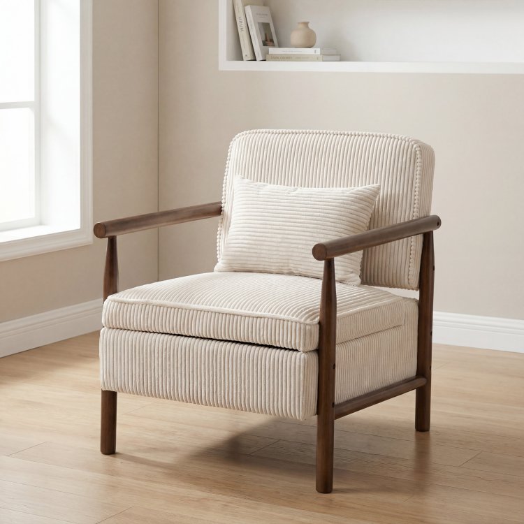 Storage Chair,Mid Century Modern Accent Chair With Wood Frame, Upholstered Living Room Chairs With Waist Cushion, Reading Armchair For Bedroom Sunroom