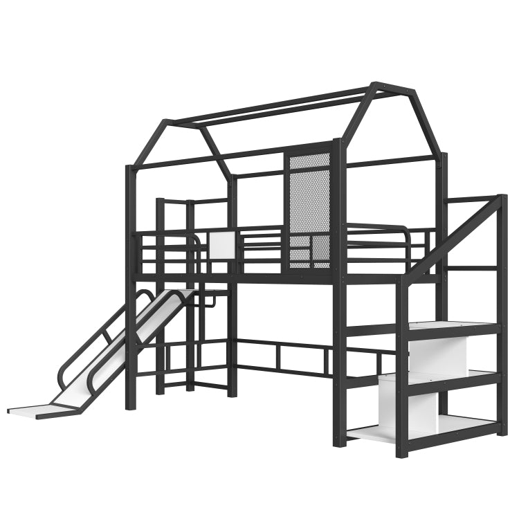 Twin House Loft Bed With Slide And Stairs, Metal Playhouse Bed With Storage Shelves, House Shaped Roof And Noise Free Design, Black