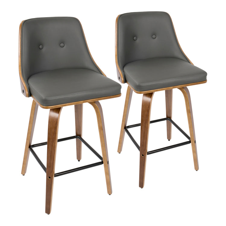 26" Mid Century Modern Counter Stool In Walnut With Grey Faux Leather Set Of 2