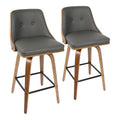 26" Mid Century Modern Counter Stool In Walnut With Grey Faux Leather Set Of 2