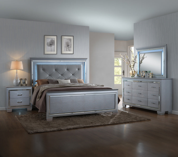1Pc Modern Two Drawer Led Lights Beveled Mirror Accents Chrome Finish Hardware Faux Crystal Accent Silver Finish