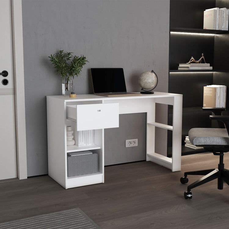 120 Home 47" Wide One Drawer Desk , Four Shelves, Writting Desk, Gamer Desk, Home Office, Living Room White