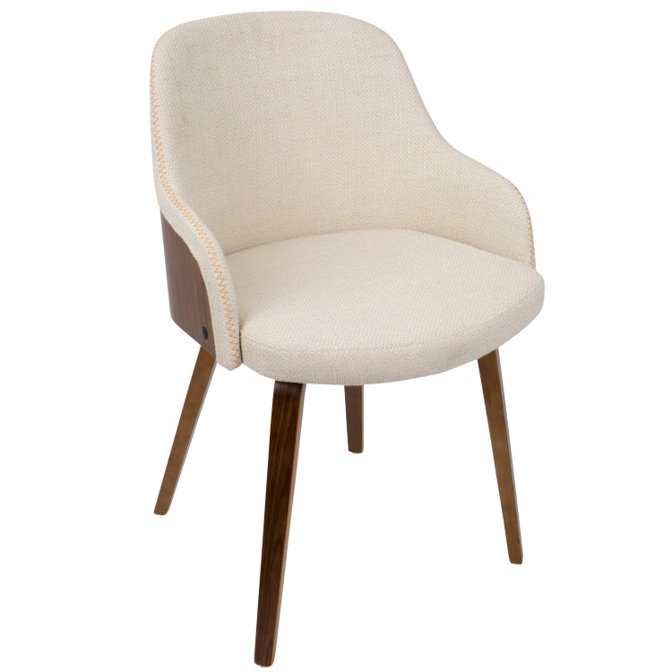 Mid Century Modern Dining Accent Chair In Walnut Wood And Cream Fabric Set Of 2