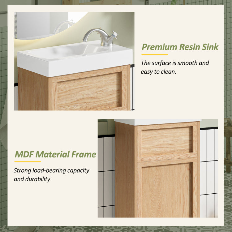15.75" Bathroom Vanity With Reversible Resin Sink, Mdf Cabinet With Adjustable Shelf And Push To Open Door, Wood Grain Melamine Finish, Reversible Door, Rustic Style For Small Spaces