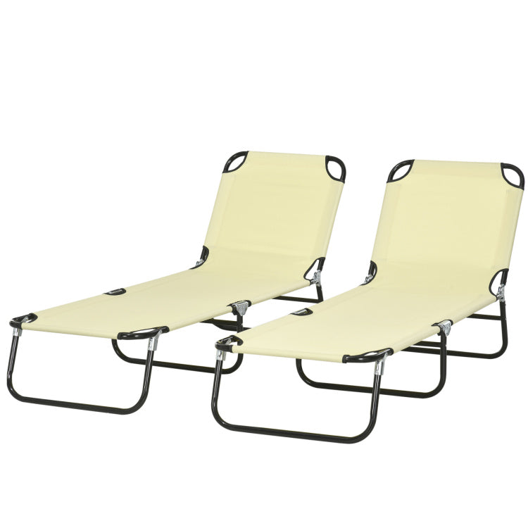 Outsunny 2 Piece Folding Chaise Lounge Pool Chairs, Outdoor Sun Tanning Chairs With 5 Level Reclining Back, Steel Frame For Beach, Yard, Patio, Beige