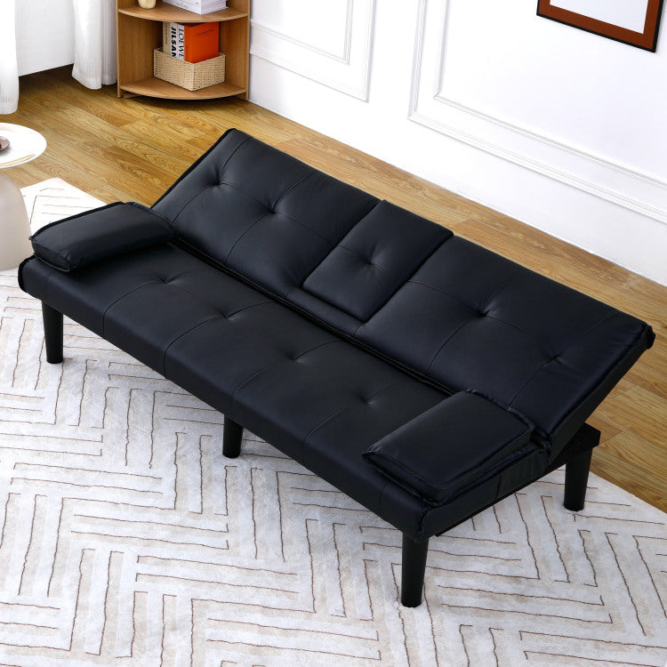 The 67 Inch Black Pvc Multi Functional Sofa Bed With A Foldable And Cup Holder Design Makes It Extremely Convenient To Turn The Living Room Into A Guest Room