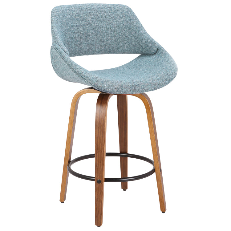 Mid Century Modern Counter Stool In Walnut And Blue Noise Fabric
