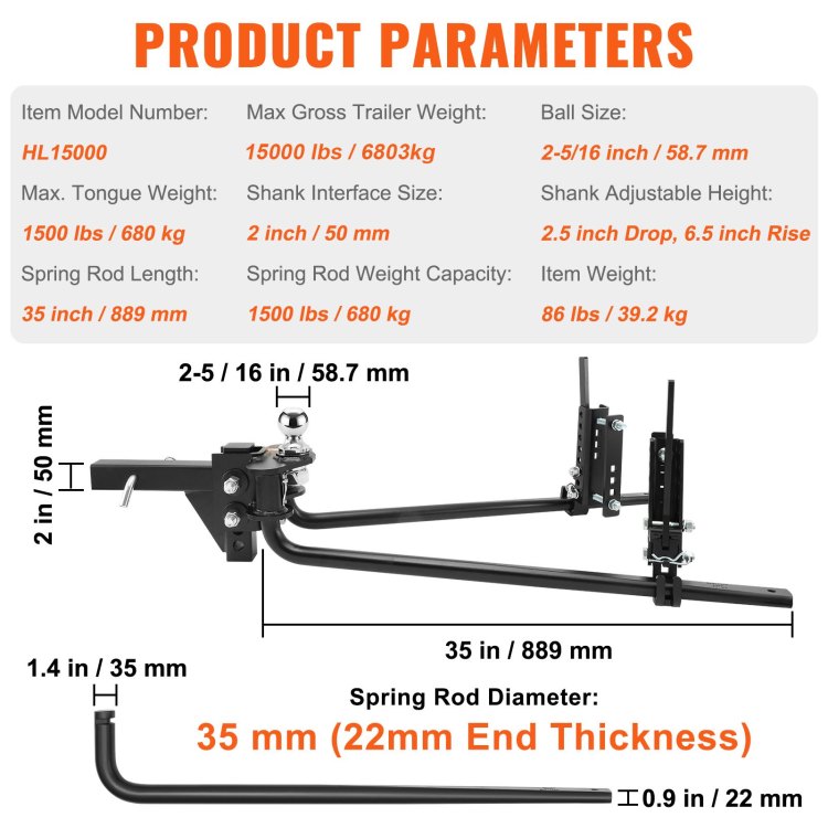 Weight Distribution Hitch, 1,500 Lbs Weight Distributing Hitches Kit With Sway Control For Trailer, 2 In Solid Steel Shank, 2 5 16 In Alloy Steel Ball, Powder Coated Load Leveling Hitch, Black
