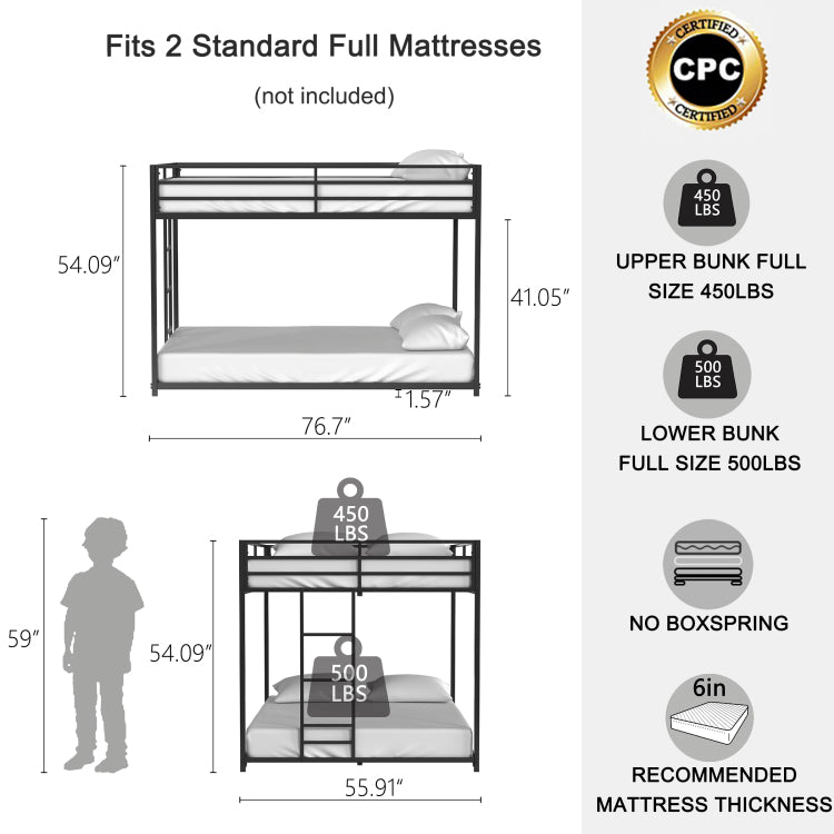 Adam Sturdy Full Over Full Bunk Bed Metal Black For Kids And Adult, Low Profile Full Over Full Bunk Bed With Ladder And Guardrails, Easy Climbing, Beds For Bedroom