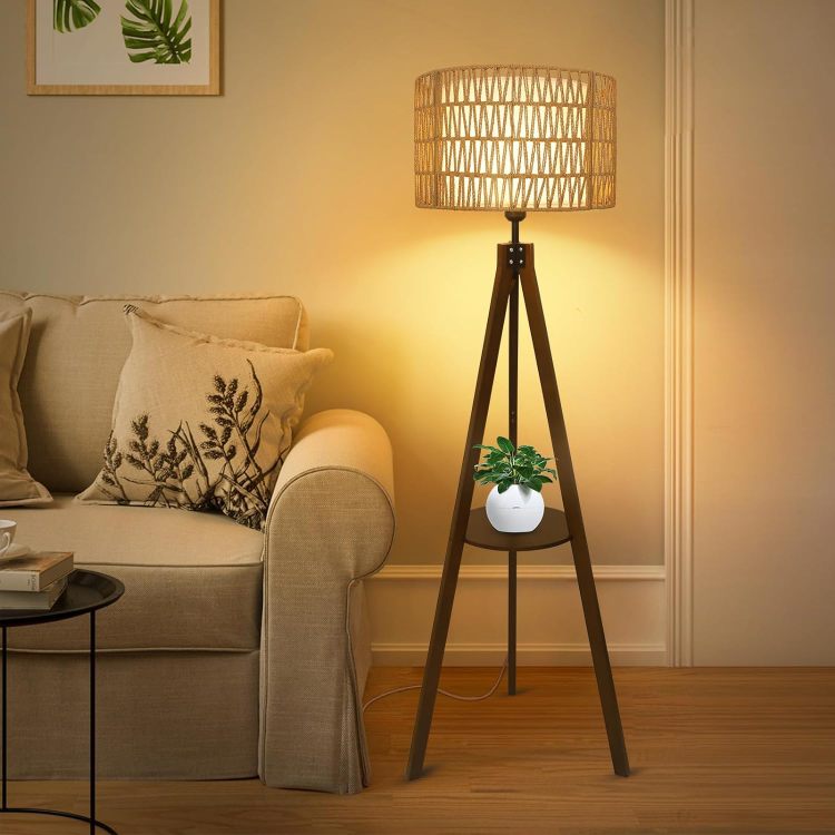 Boho Tripod Floor Lamp With Shelves, Mid Century Wood Standing Lamp With Rattan & Fabric Shades, On Off Foot Switch, Modern Farmhouse Tall Floor Lamps For Living Room Bedroom Office