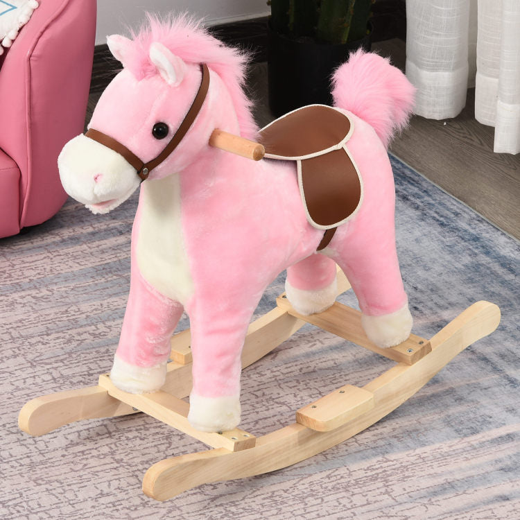 Qaba Rocking Horse Plush Animal On Wooden Rockers, Baby Rocking Chair With Sounds, Moving Mouth, Wagging Tail, Pink