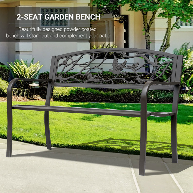 Outsunny 50" Garden Bench, Outdoor Patio Bench With Animal Pattern, Cast Steel Metal Bench For Yard, Lawn, Porch, Brown