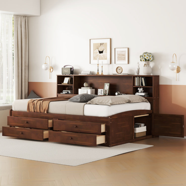 Full Size Wooden Captain Bed With Built In Storage Shelves, 4 Drawers And 2 Cabinets, Antique Brown