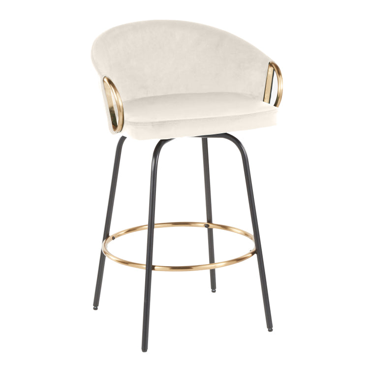 26" Contemporary Fixed Height Counter Stool With Swivel In Black Metal And Cream Velvet With Gold Metal Accents Set Of 2