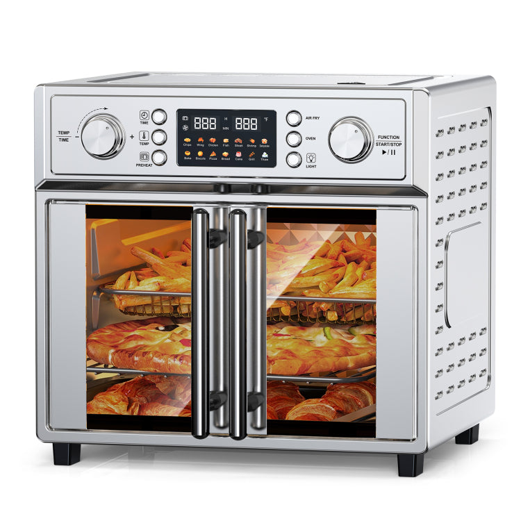 Plumchef 26Qt Large Capacity French Double Door Air Fryer Convection Toaster Oven, 1700W, 14 Preset Menus, 7 In 1 Multi Function Bake, Roast, Gril,Toast,Dehydrate&Defrost , Stainless Steel,Silvery