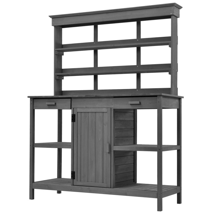 66'' Large Outdoor Farmhouse Wooden Potting Bench Table, Garden Workstation With 2 Drawers,Cabinet And Open Shelves For Backyard, Mudroom, Gray
