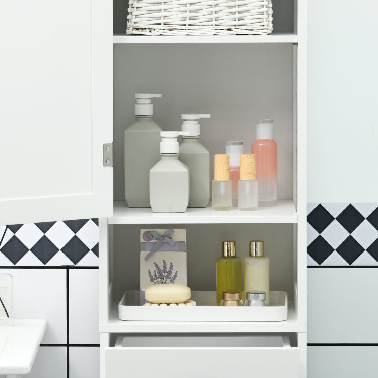 Kleankin Slim Bathroom Storage Cabinet, Tall Bathroom Cabinet, Linen Tower With Open Shelf, Drawer, Recessed Doors, And Adjustable Shelves, White