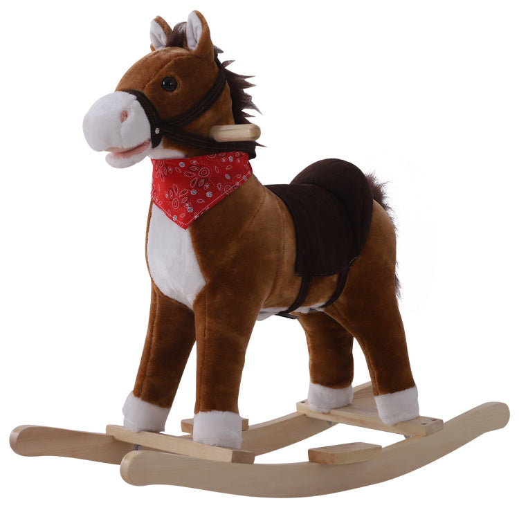 Qaba Kids Ride On Rocking Horse Plush Toy With Realistic Sounds And Red Scarf For Over 3 Years Old Birth Gift