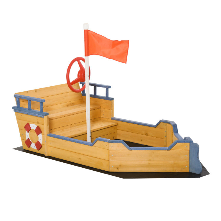 Outsunny Wooden Kids Pirate Sandbox, Outdoor Sandboat With Bench Seats, Storage, Non Woven Fabric Cloth For Backyard, Lawn
