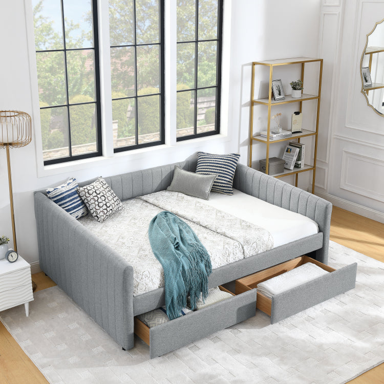 Queen Size Daybed With Two Drawers Trundle Upholstered Sofa Bed, With Vertical Stripes Linen Fabric, Grey 86.5"X65"X30"