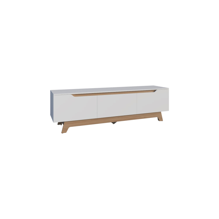 Woodall Tv Stand, Two Doors Modern Entertainment Center, Open Shelves And Cable Management, White Natural Oak