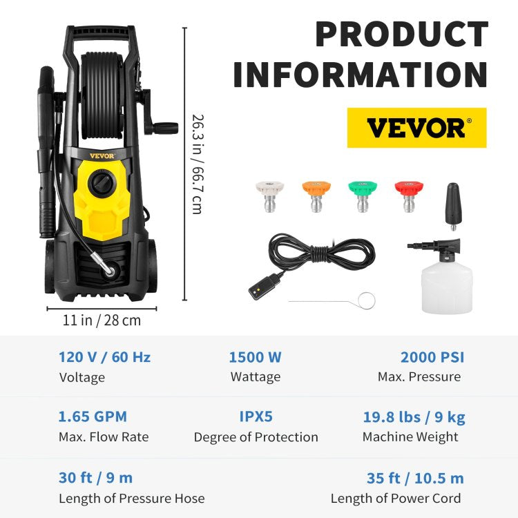 Electric Pressure Washer, 2000 Psi, Max 1.65 Gpm Power Washer W 30 Ft Hose & Reel, 5 Quick Connect Nozzles, Foam Cannon, Portable To Clean Patios, Cars, Fences, Driveways, Etl Listed