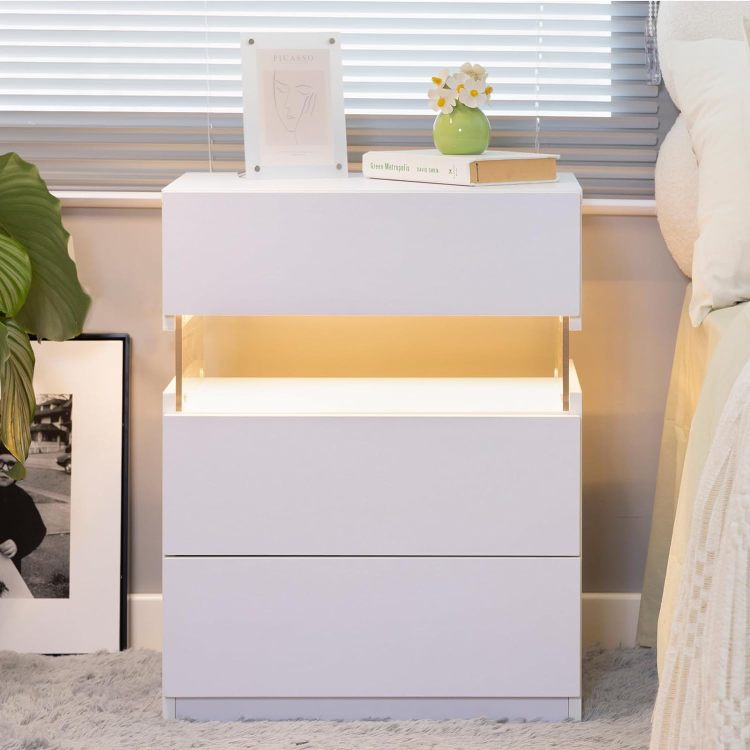 Led Nightstands 3 Drawer Dresser For Bedroom End Table With Acrylic Board Led Bedside Tables For Bedroom Living Room Bedside Furniture White