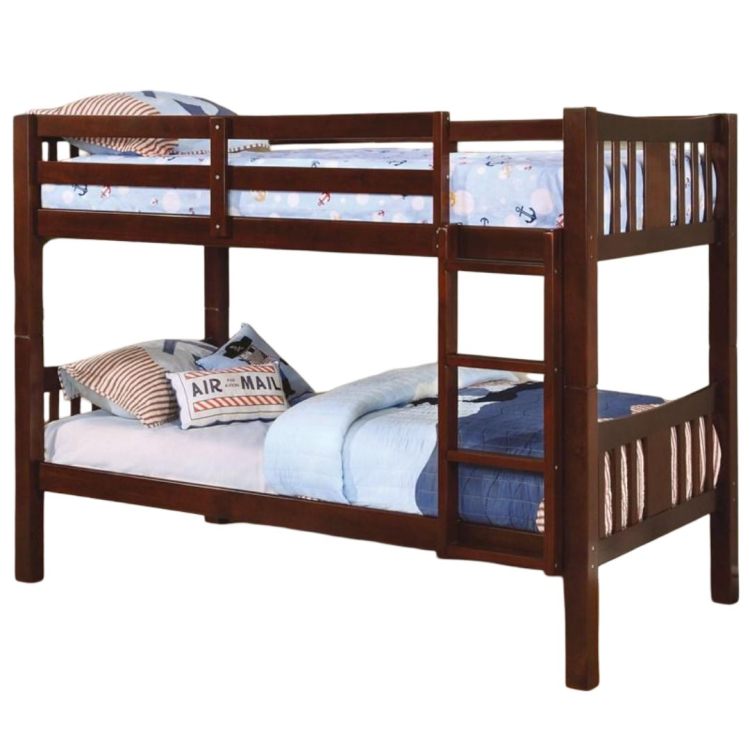 Twin Over Twin Transitional Style Bunk Bed Dark Walnut Finish Attached Ladder Rails And Lock Joint Structure Trundle Not Included