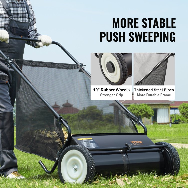 Push Lawn Sweeper, 26 Inch Leaf & Grass Collector, Strong Rubber Wheels & Heavy Duty Thickened Steel Durable To Use With Large Capacity 7 Ft Mesh Collection Bag, 4 Spinning Brushes