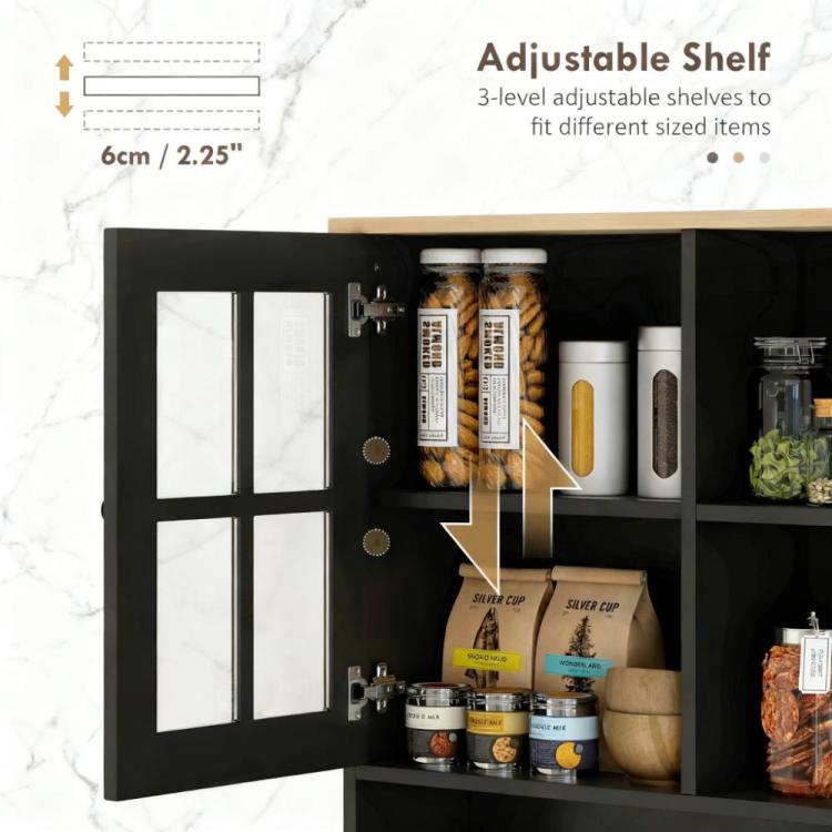 Freestanding Cabinet,Kitchen Pantry Storage Cabinet,Large Countertop, Glass Doors And Adjustable Shelves For Dining Room