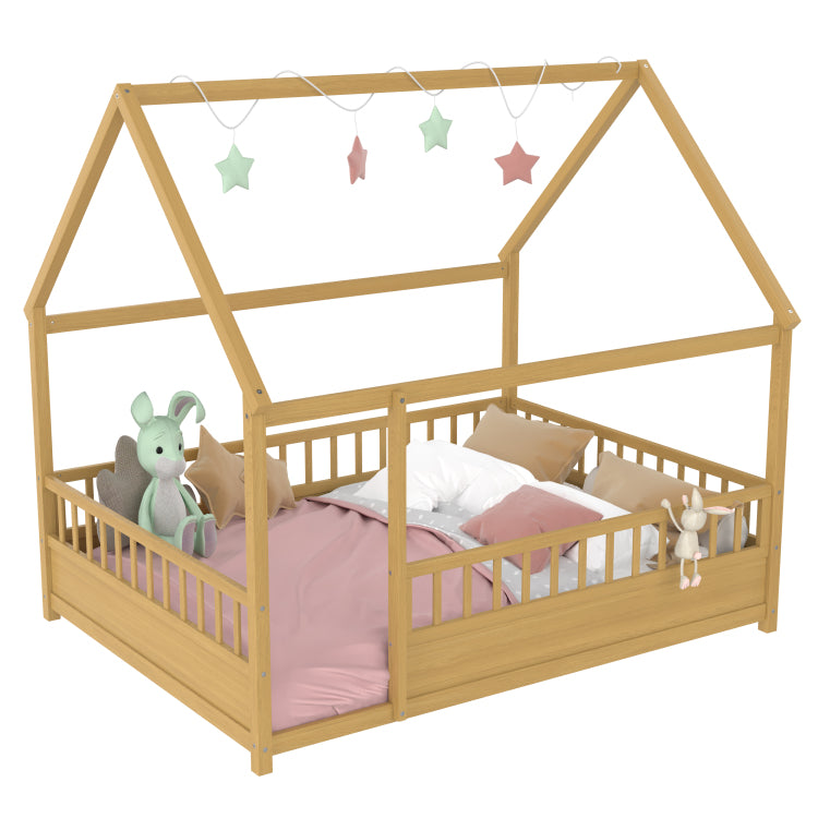 Full Size Floor Wooden Bed With House Roof Frame, Fence Guardrails Full,Natural