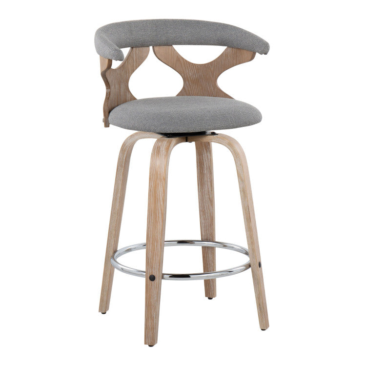 26" Contemporary Fixed Height Counter Stool With Swivel In White Washed Wood And Grey Fabric With Round Chrome Metal Footrest Set Of 2