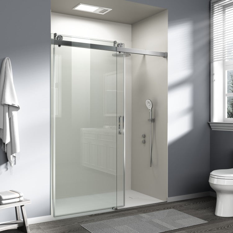 56" 60" W X 76" H Frameless Soft Closing Single Sliding Shower Door, 1 4" 6Mm Tempered Glass With Explosion Proof Film Via Express Delivery, Brushed Nickel Cm 24D01 60Bnx