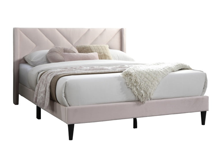 Elegant Modern Full Size Bed Clean Lines Design Headboard 1Pc Light Pink Velvet Upholstered Bedframe
