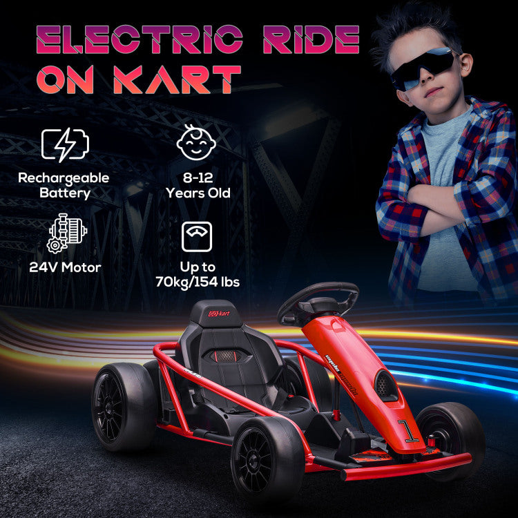 Aosom 24V 8.1 Mph Electric Go Kart, Drifting Car Battery Powered Ride On Toy Outdoor With Slow Start, Music, Horn Honking And Safety Belt, For 8 12 Years Old, Red