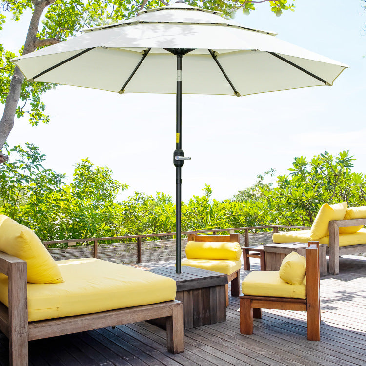 Outsunny 9Ft 3 Tiers Patio Umbrella Outdoor Market Umbrella With Crank, Push Button Tilt For Deck, Backyard And Lawn, Beige