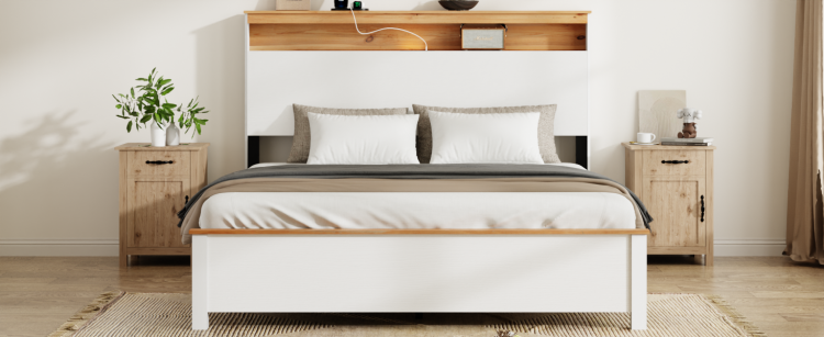 Full Wooden Bed Stand With Charging Station Storage Headboard: This Rustic Farmhouse Bed Frame With Storage Headboard Comes With A Built In Charging Station That Is Simple To Install And Easy To