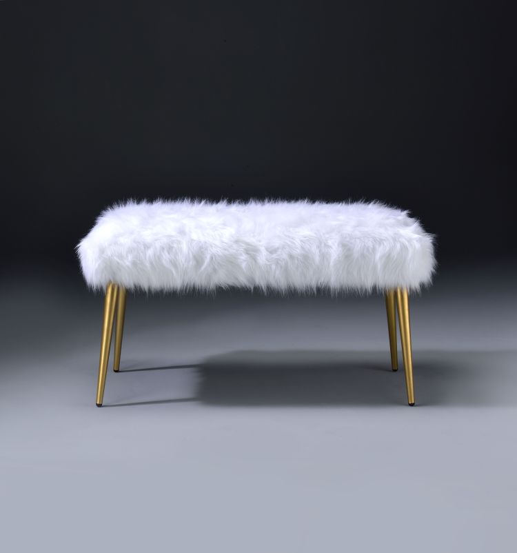 Bagley Ii White Faux Fur & Gold Finish Bench