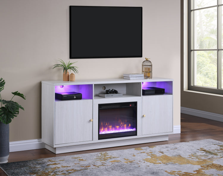 Ambrose 70"W White Walnut Finish Fireplace Console Tv Stand With Heater, Led Light, Cabinets, Shelves