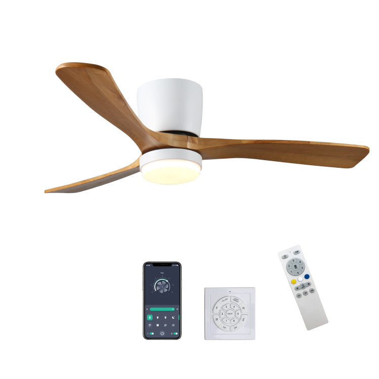 52 Inch White Wood S With Lights And Remote, Modern Flush Mount Low Profile With Light, 6 Speed, Reversible Dc Motor, For Bedroom Outdoor Farmhouse Patios
