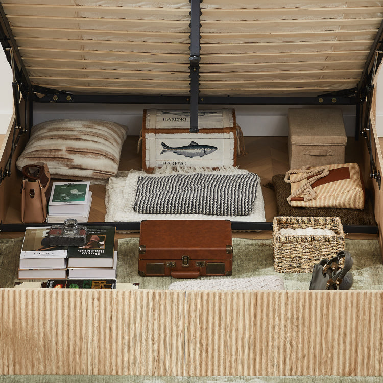 Queen Size Lift Up Storage Bed Frame, Wooden Corrugated Curved Lines, Hydraulic Storage No Box Spring Needed, Oak