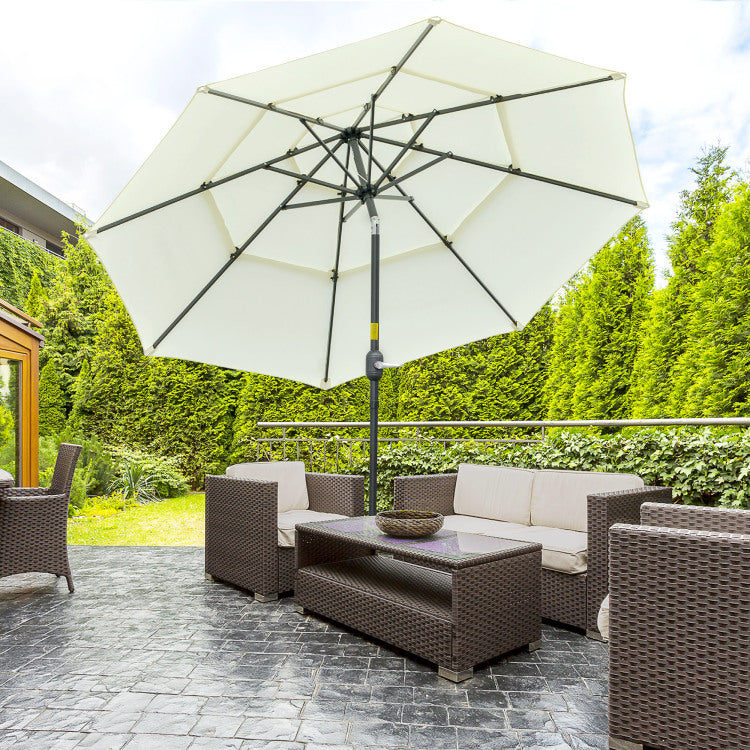 Outsunny 9Ft 3 Tiers Patio Umbrella Outdoor Market Umbrella With Crank, Push Button Tilt For Deck, Backyard And Lawn, Beige