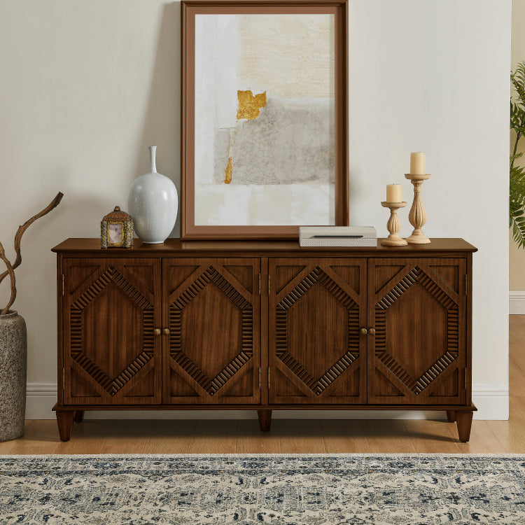 65.2" Mid Century Modern Sideboard Buffet Cabinet With Storage, Symmetrical Geometric Accent Coffee Bar Wine Bar Storage Cabinet, Large Console Table For Living Room Entryway Kitchen, Walnut