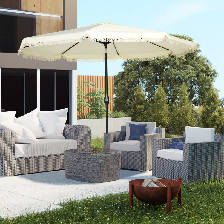 Outsunny 9Ft Patio Umbrella With Push Button Tilt And Crank, Ruffled Outdoor Market Table Umbrella With Tassles And 8 Ribs, For Garden, Deck, Pool, Cream White
