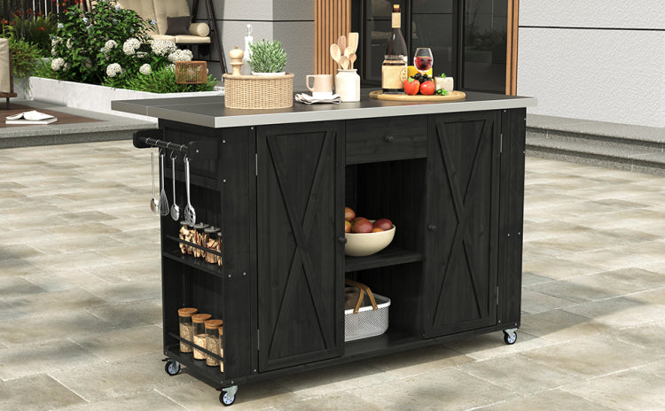 Outdoor Kitchen Island Fir Wood Kitchen Island With Stainless Steel Top, Ample Storage Space, Towel And Spice Racks And A Bottle Opener For Outdoor, Black