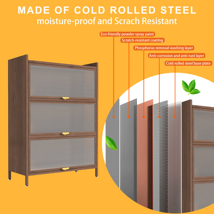 44'' Tall Metal 3 Flip Doors Cabinet, With Ample Storage Space For Bedroom, Office, Living Room, Hallway, Entryway Walnut