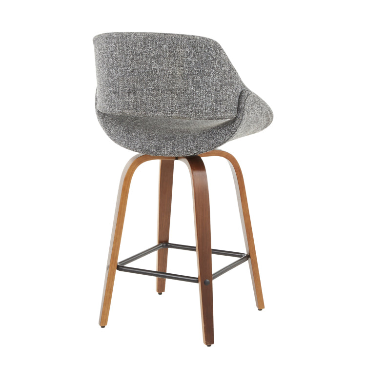 Mid Century Modern Counter Stool In Walnut And Grey Noise Fabric Set Of 2