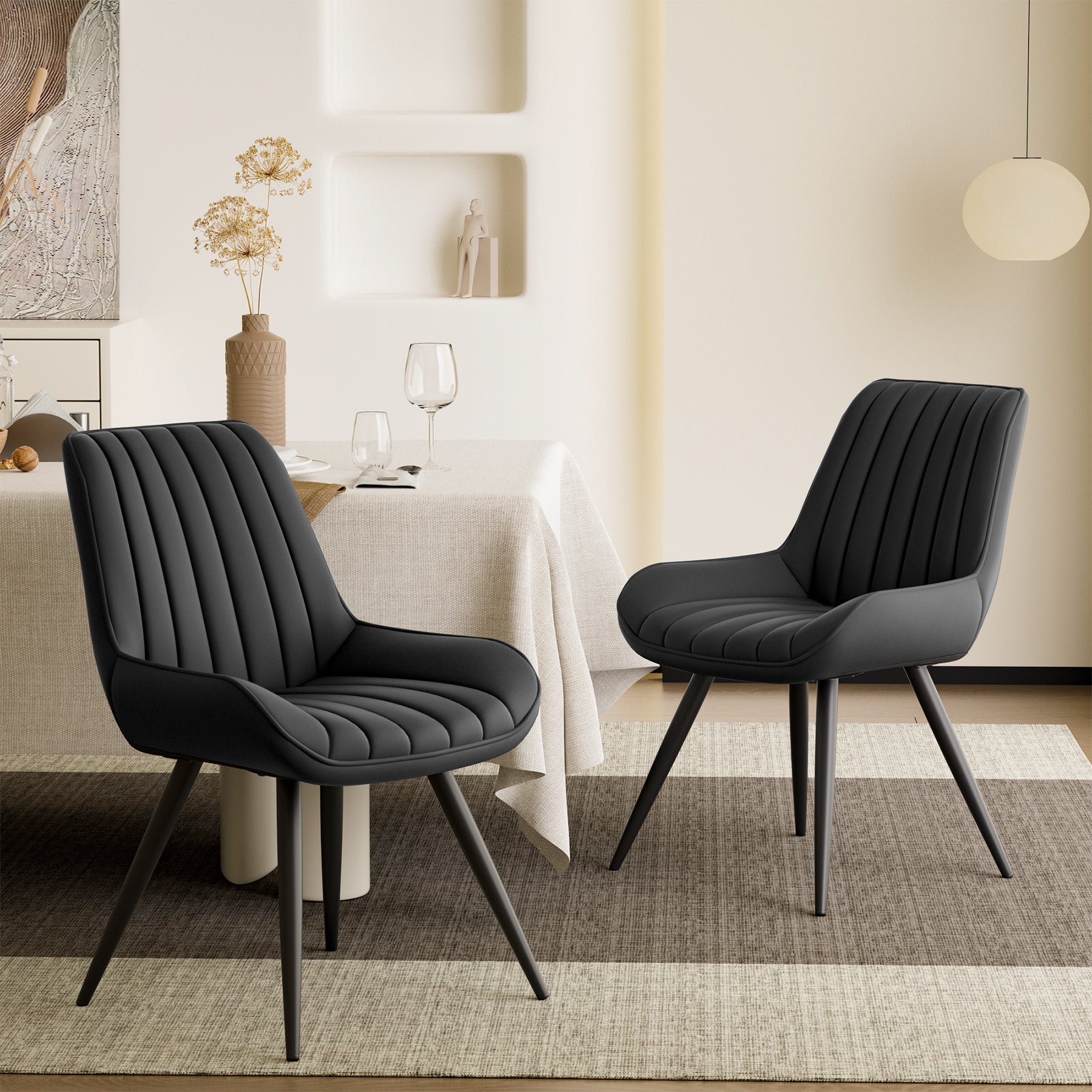 Modern Dining Chairs Set Of 4, Comfy Dining Room Chairs With Thick Cushions, Upholstered Fabric Kitchen Side Chairs With Metal Legs, Black