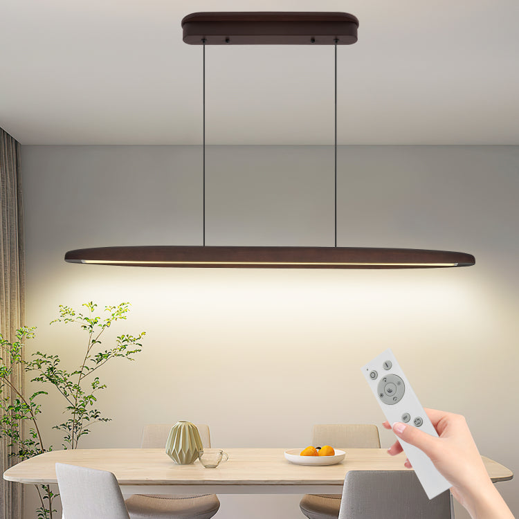 39 Inch Streamline Wooden Led Pendant Light With Remote Control, Adjustable Hanging Light For Dining Room, Kitchen, Living Room Contemporary Walnut Wood Finish